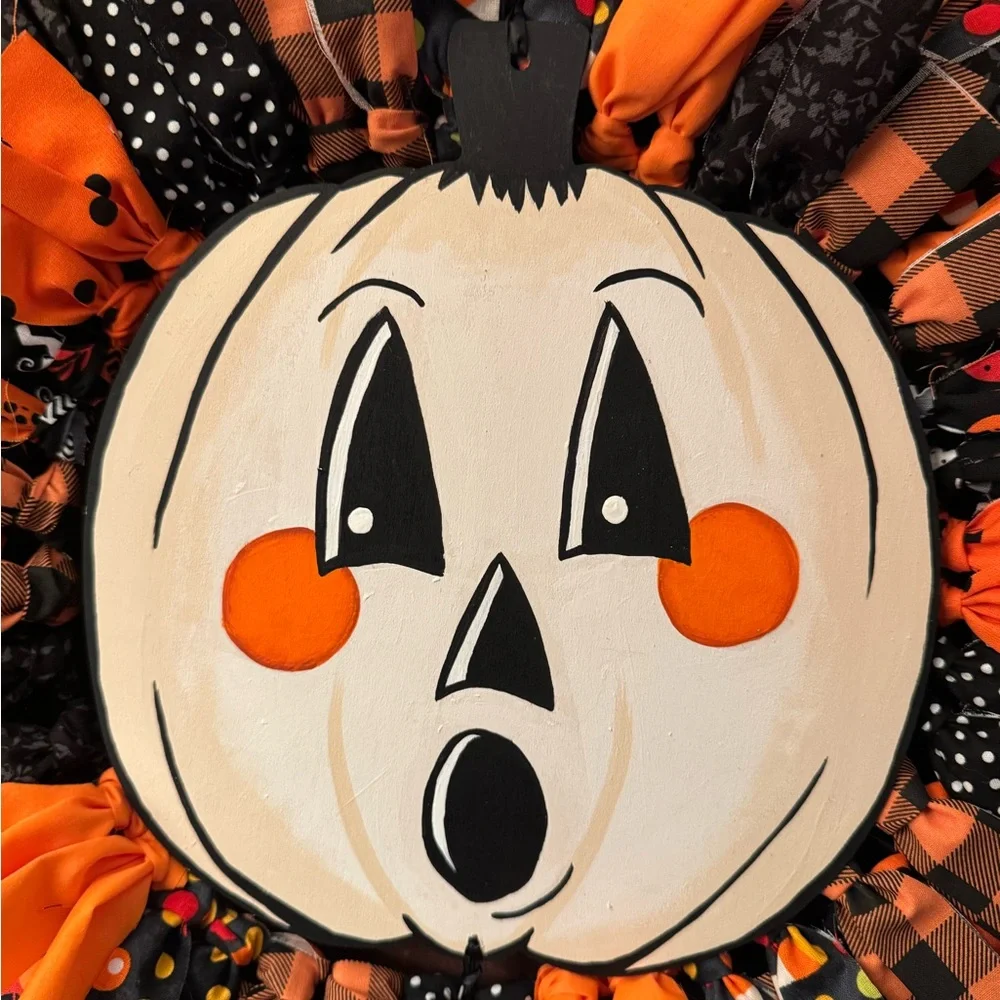Retro Pumpkin Halloween Rag Wreath